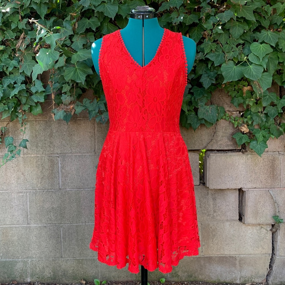 NWT Francesca's Lace Dress M Red Sleeveless V Neck Fit & Flare Wedding